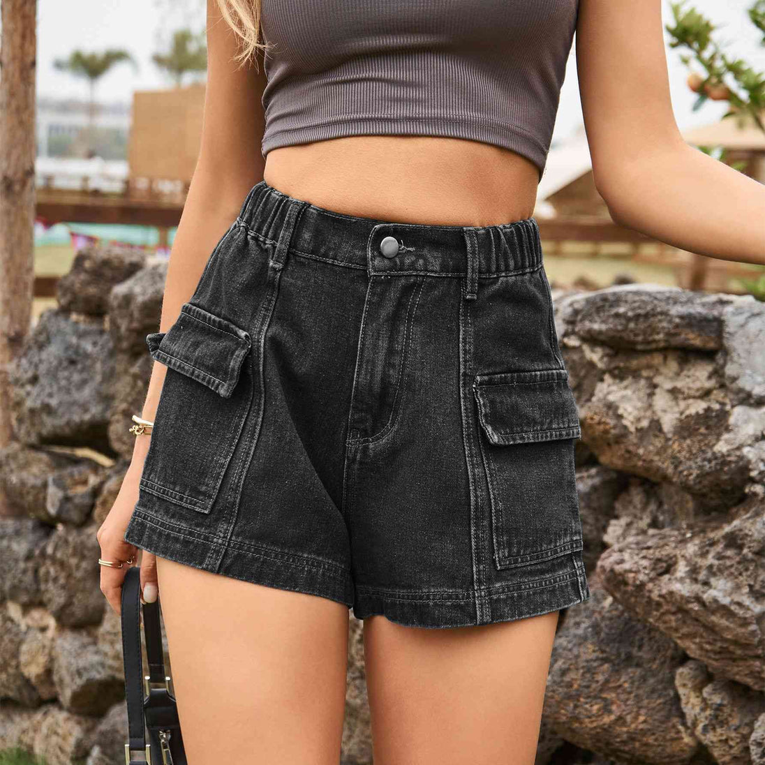 High-Waist Denim Shorts with Pockets Bazaarbey