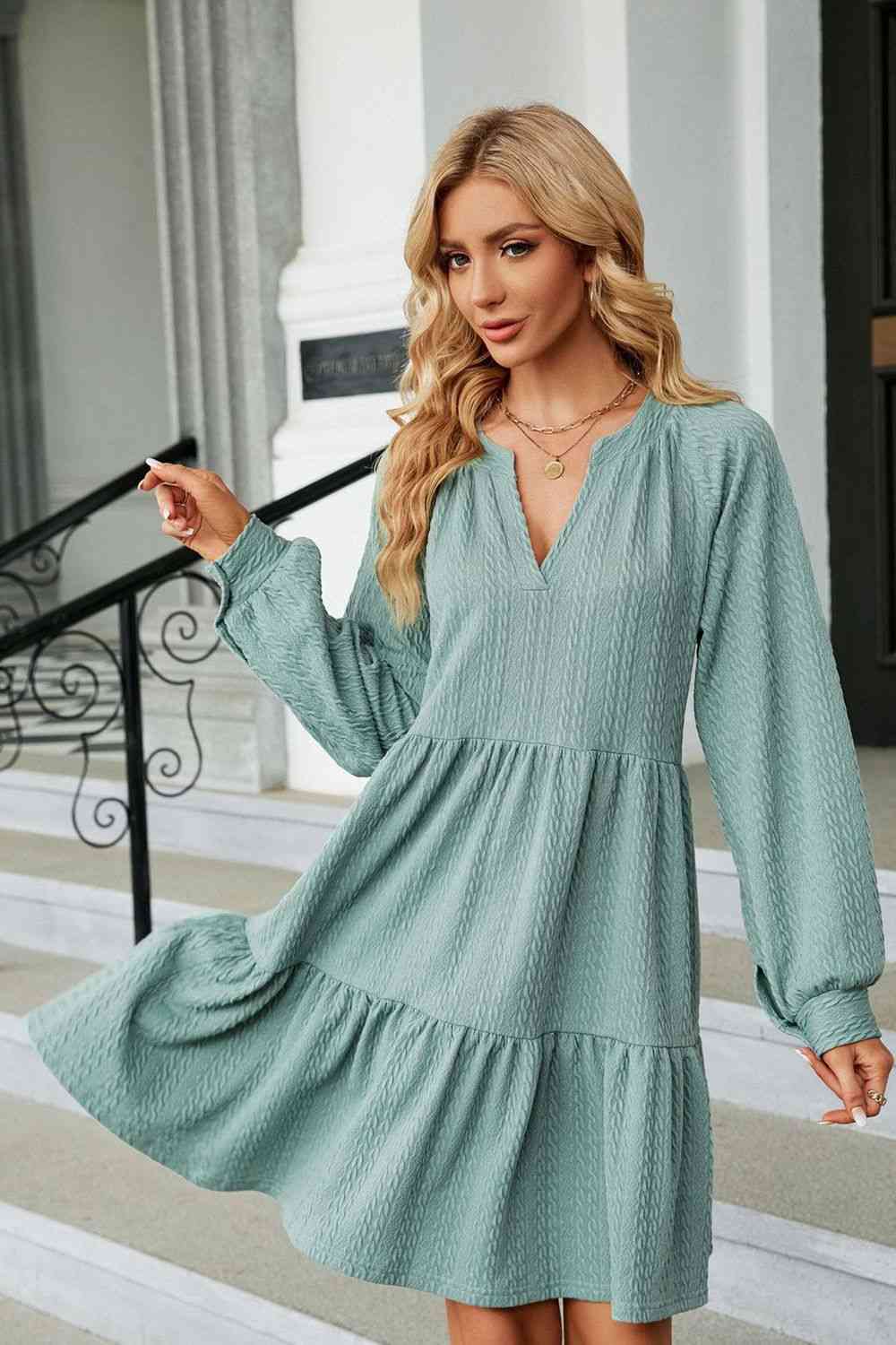 Notched Neck Long Sleeve Mini Dress Bazaarbey