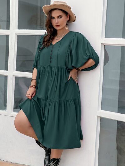 Plus Size Tie Neck Balloon Sleeve Midi Dress -BazaarBey - www.shopbazaarbey.com