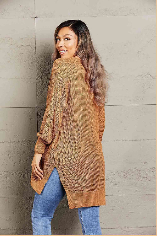  Openwork Rib-Knit Slit Cardigan Trendsi