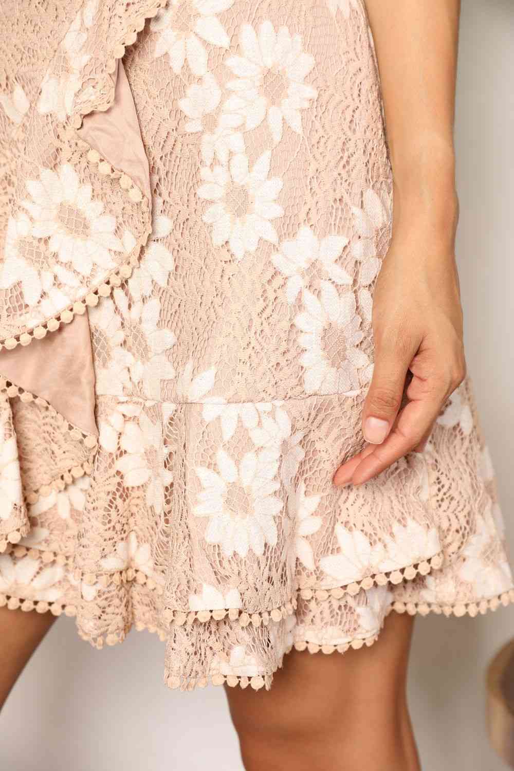  Floral Lace Pompom Detail Tie-Waist Flutter Sleeve Dress Bazaarbey