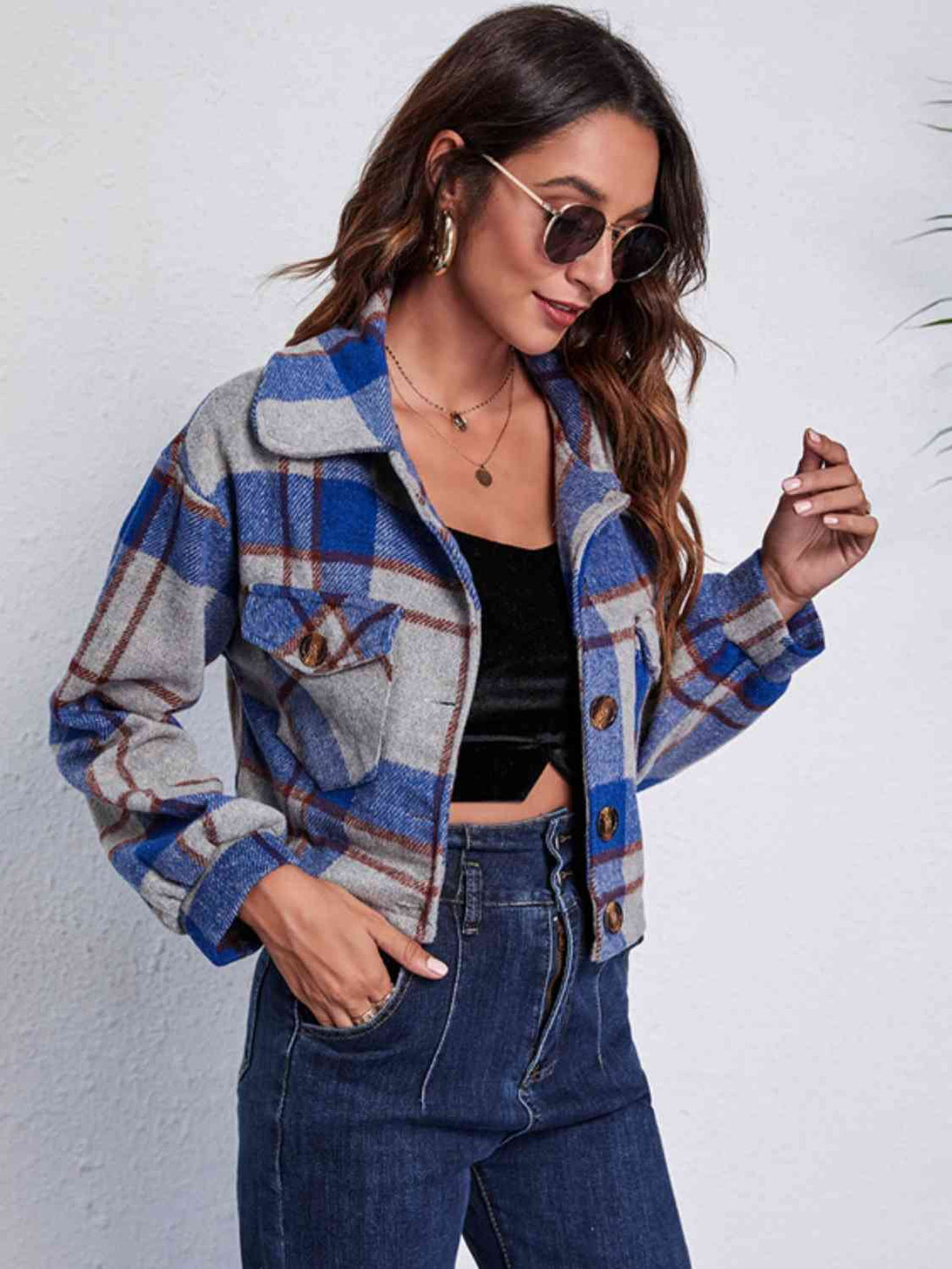 Plaid Button Front Jacket with Pockets Trendsi