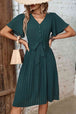 Buttoned V-Neck Flutter Sleeve Pleated Dress -BazaarBey - www.shopbazaarbey.com