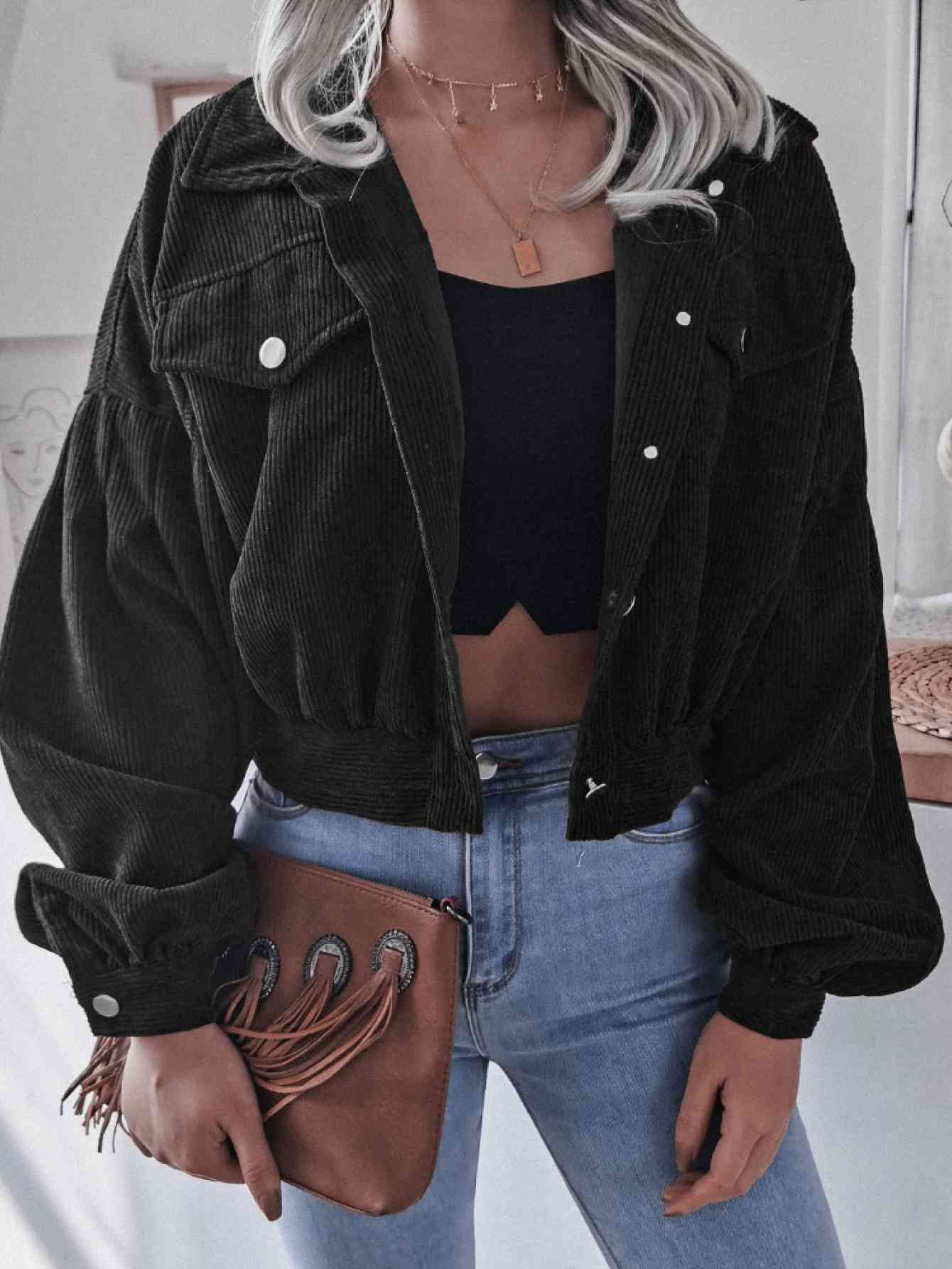 Lantern Sleeve Cropped Corduroy Jacket Trendsi