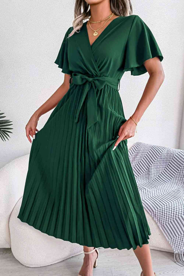 Pleated Flutter Sleeve Belted Dress -BazaarBey - www.shopbazaarbey.com