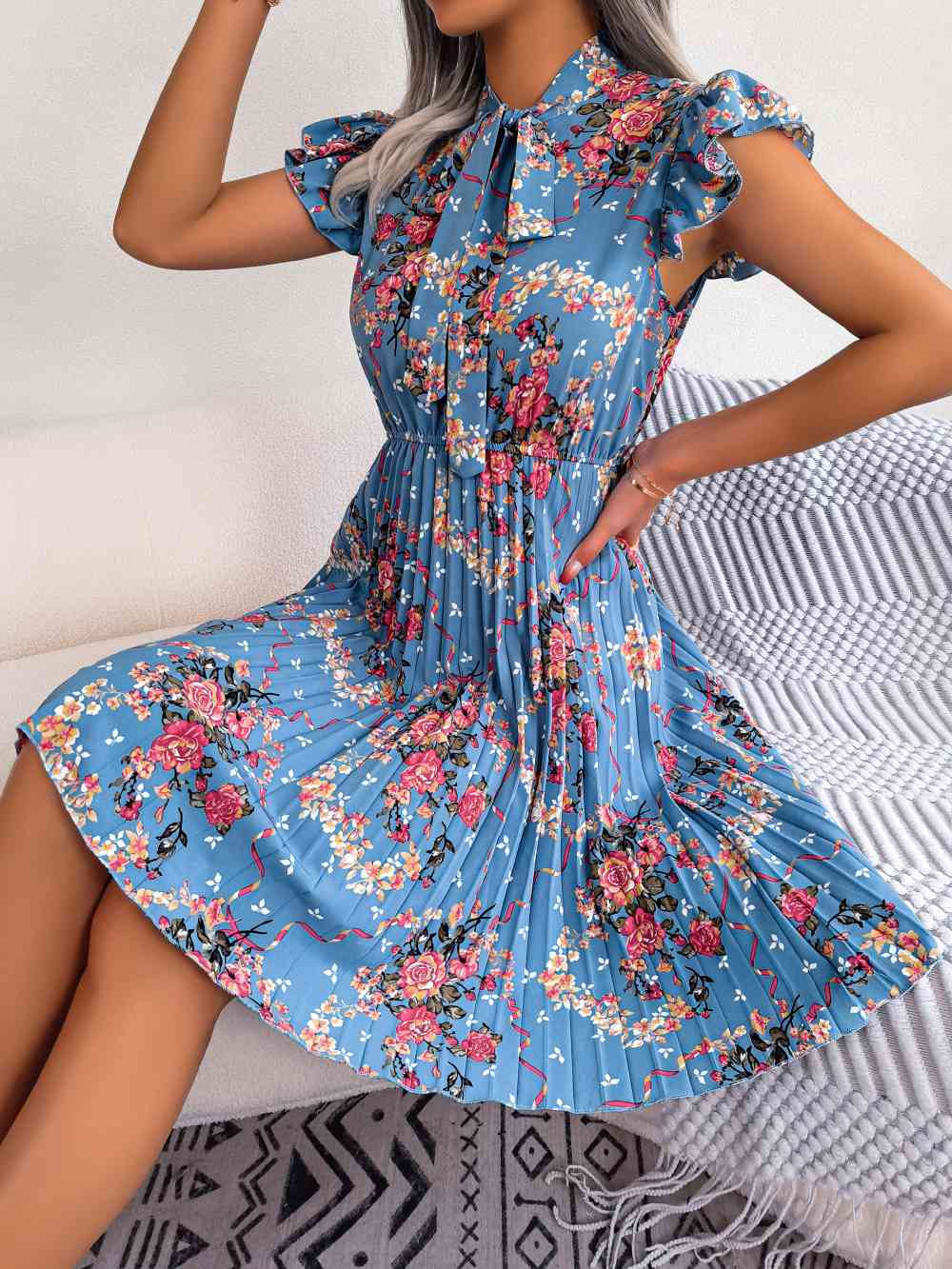 Pleated Floral Printed Tie Neck Knee Length Dress -BazaarBey - www.shopbazaarbey.com