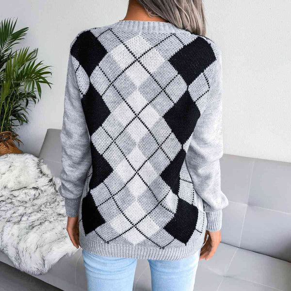 Geometric V-Neck Sweater Bazaarbey