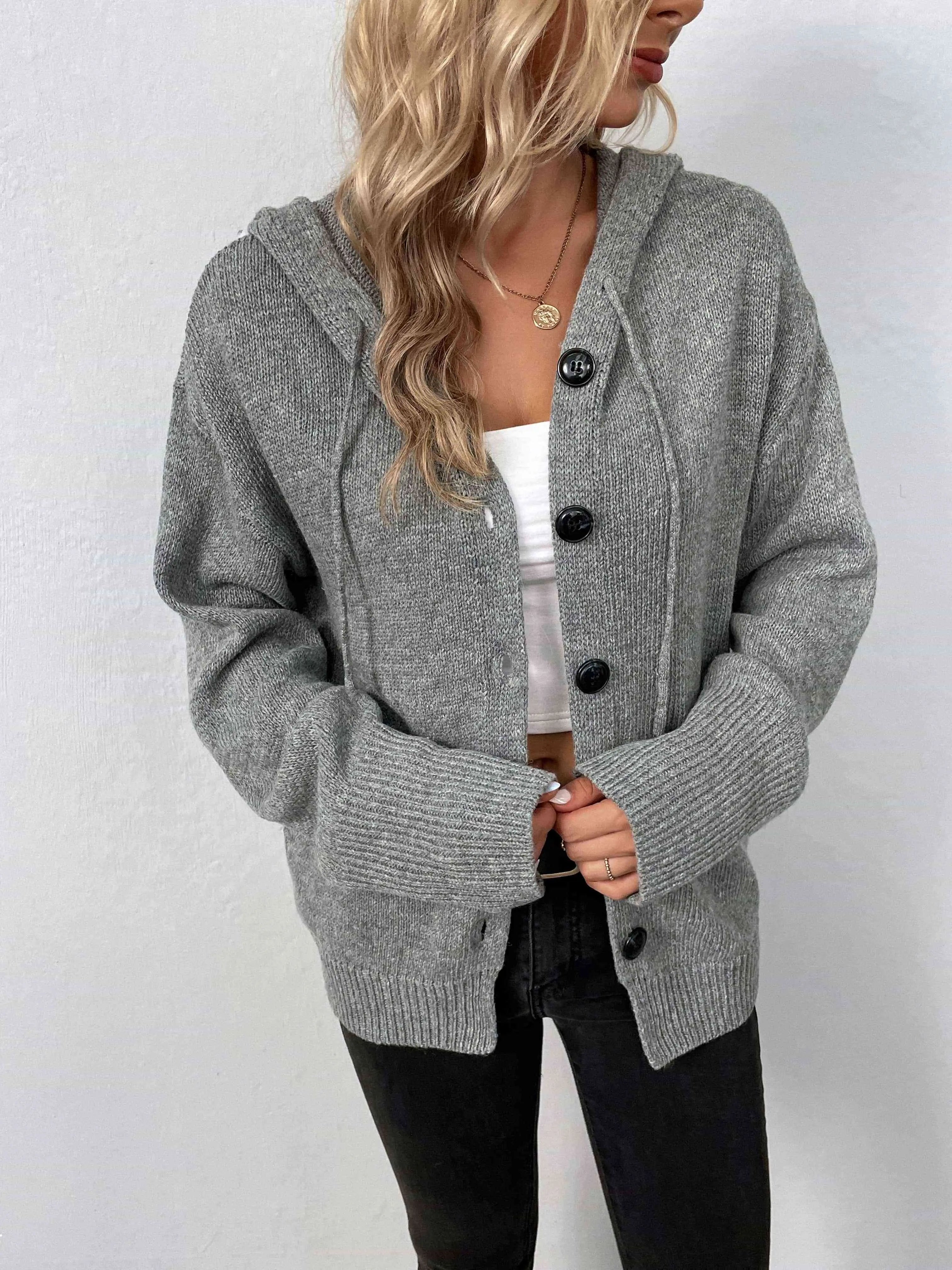 Button-Down Long Sleeve Hooded Sweater Bazaarbey