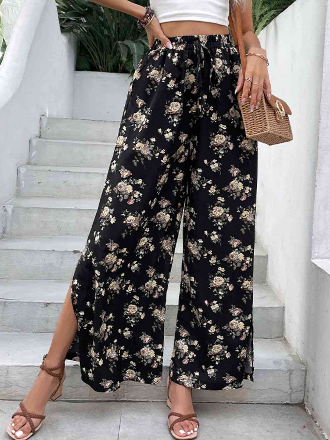 Floral Side Slit Wide Leg Pants Bazaarbey