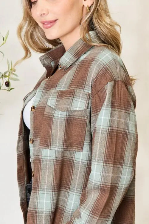  Plaid Dropped Shoulder Shirt Trendsi