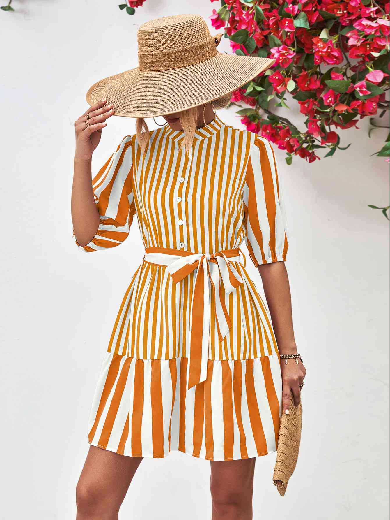 Striped Half Sleeve Tie Waist Mini Dress -BazaarBey - www.shopbazaarbey.com