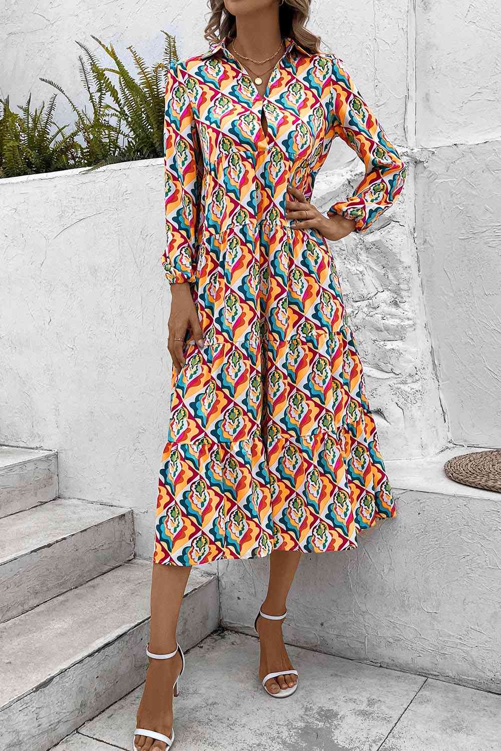 Printed Collared Neck Long Sleeve Dress -BazaarBey - www.shopbazaarbey.com