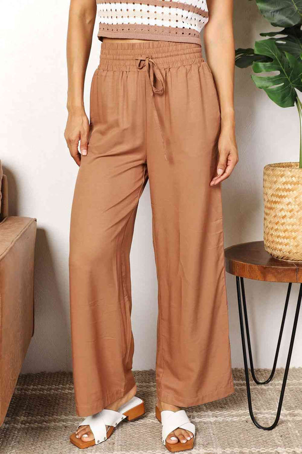  Drawstring Smocked Waist Wide Leg Pants Bazaarbey