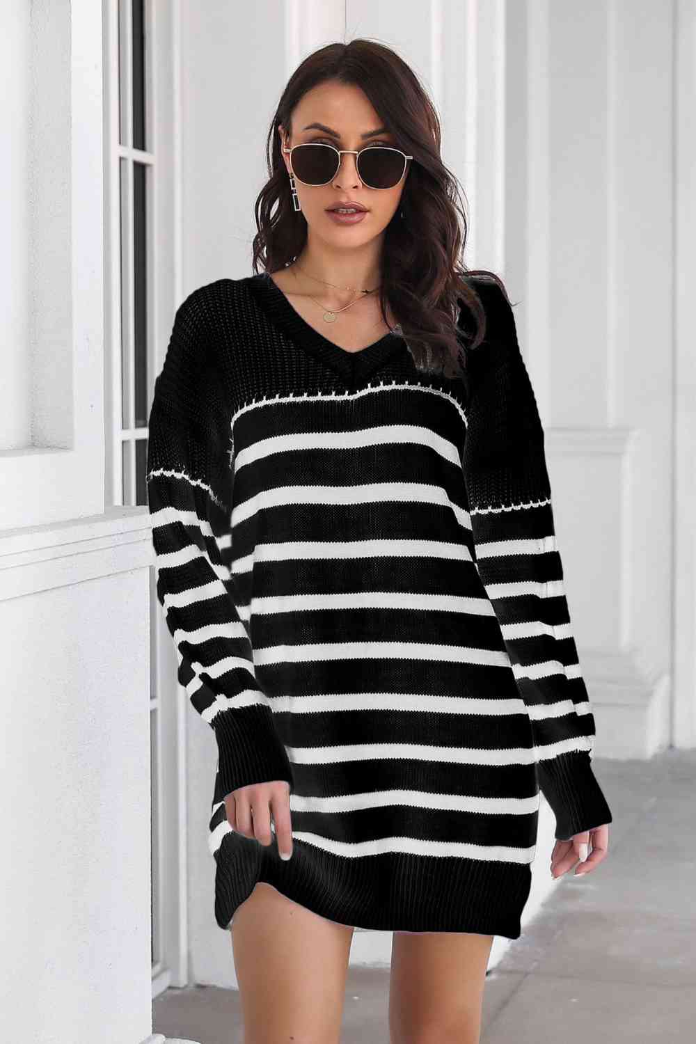 Striped V-Neck Drop Shulder Sweater Dress Bazaarbey