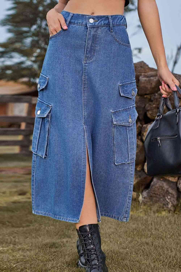 Slit Front Midi Denim Skirt with Pockets Trendsi