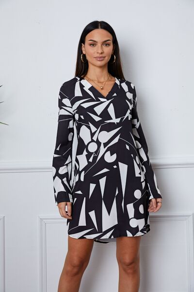 Geometric V-Neck Roll-Tab Sleeve Mini Dress Bazaarbey