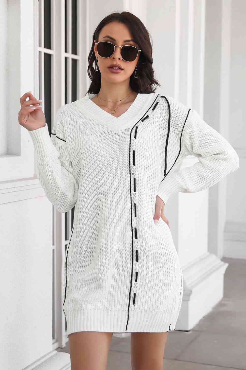 Contrast V-Neck Sweater Dress Bazaarbey