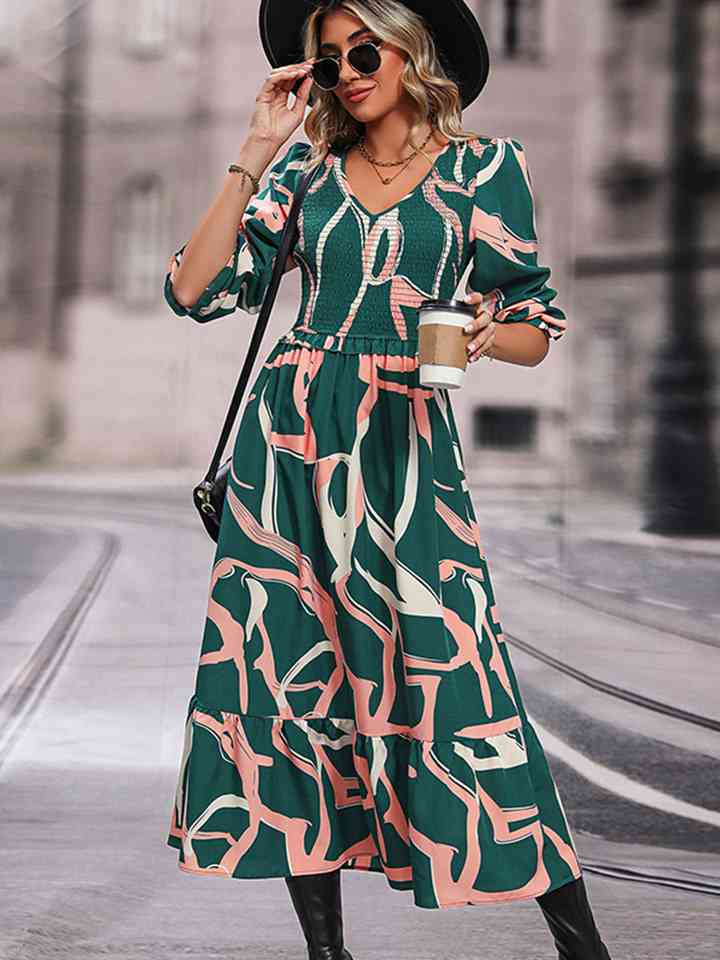 Printed Smocked V-Neck Three-Quarter Sleeve Midi Dress -BazaarBey - www.shopbazaarbey.com