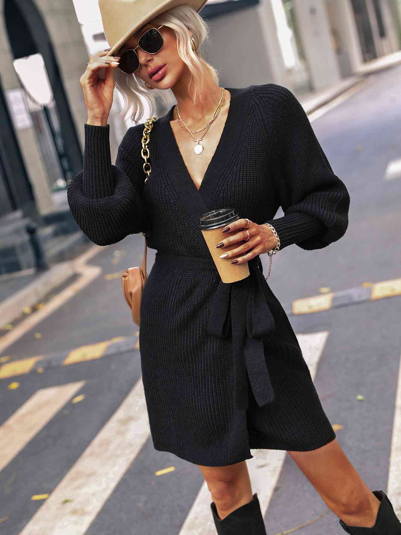 Belted Surplice Lantern Sleeve Wrap Sweater Dress Bazaarbey