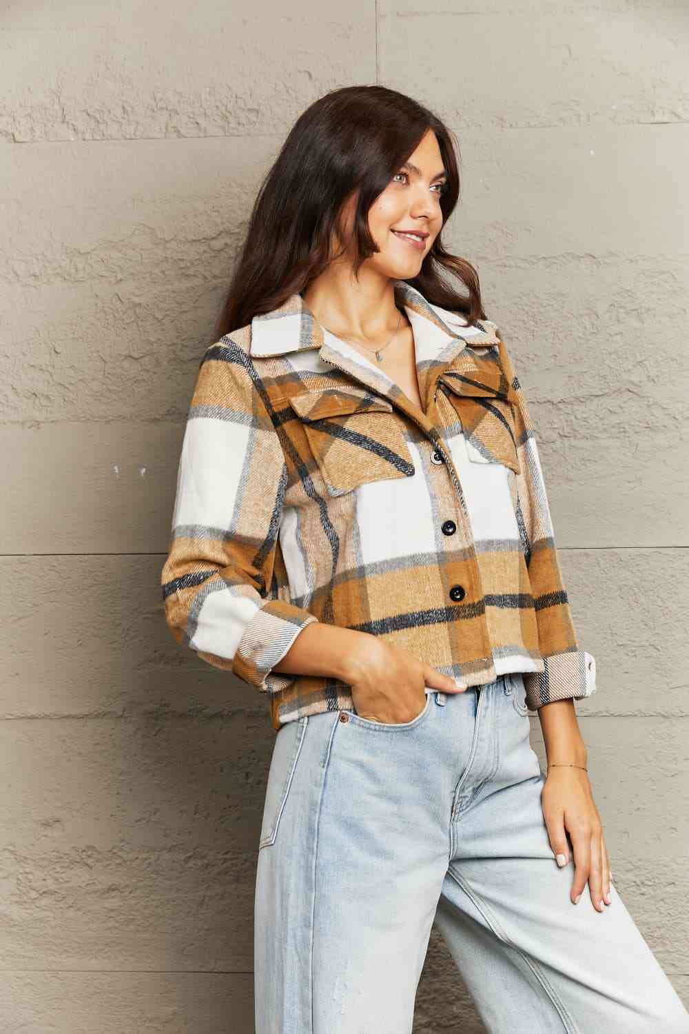  Plaid Collared Neck Jacket with Breast Pockets Trendsi