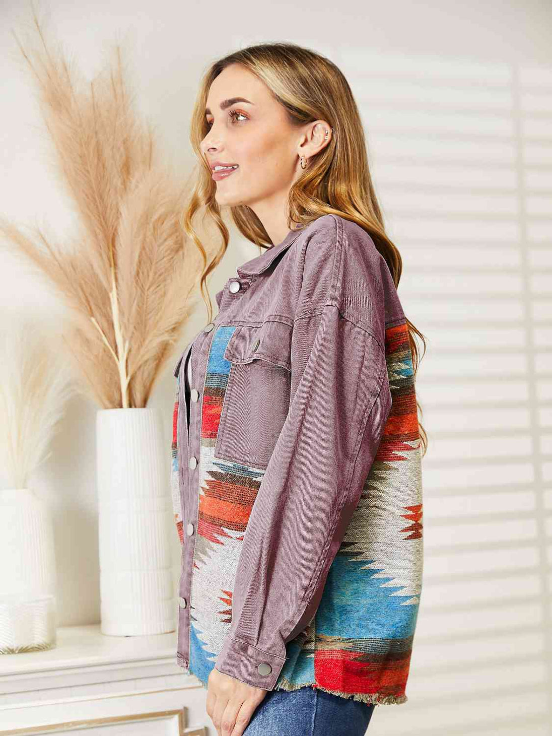 Dropped Shoulder Long Sleeve Printed Denim Jacket Bazaarbey