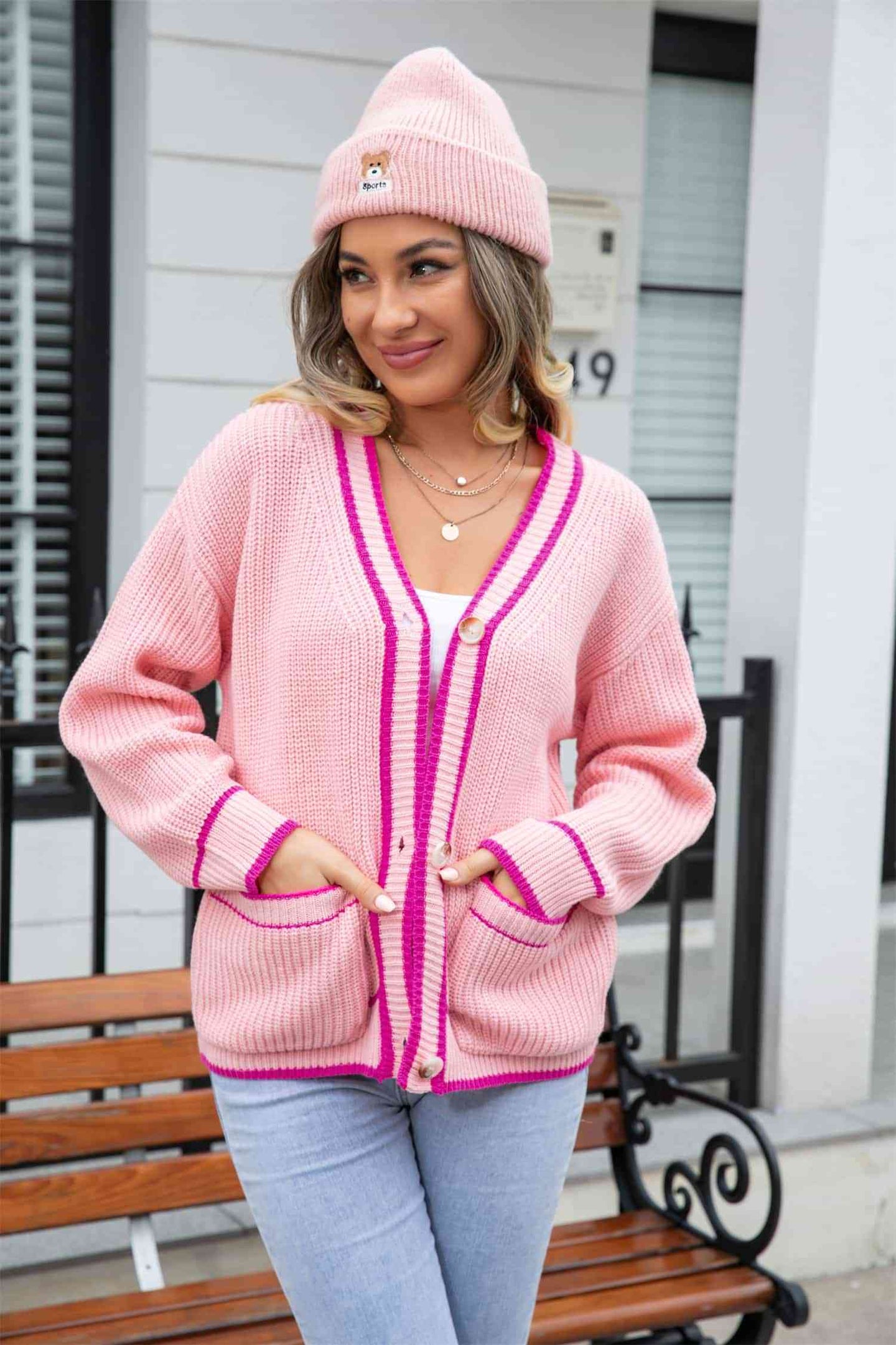 Waffle Knit V-Neck Cardigan with Pocket Trendsi