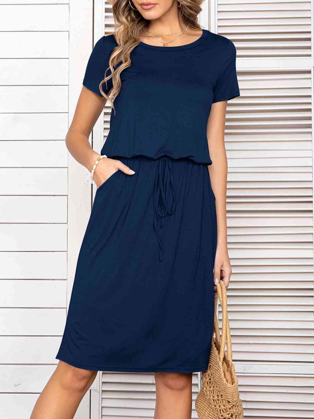 Round Neck Short Sleeve Slit Dress with Pockets -BazaarBey - www.shopbazaarbey.com