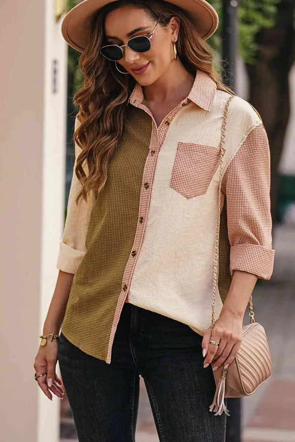 Grid Color Block Button-Up Shirt Bazaarbey