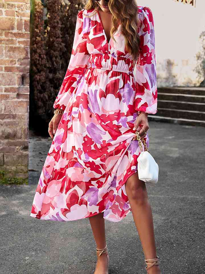 Printed V-Neck Long Sleeve Midi Dress -BazaarBey - www.shopbazaarbey.com