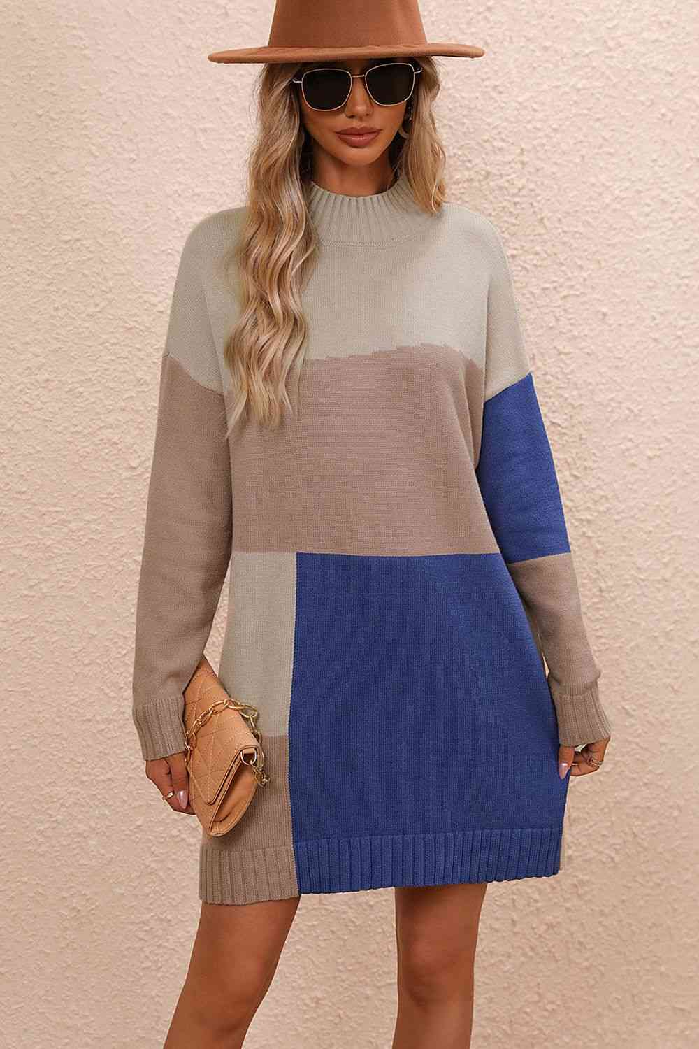 Color Block Mock Neck Dropped Shoulder Sweater Dress Bazaarbey