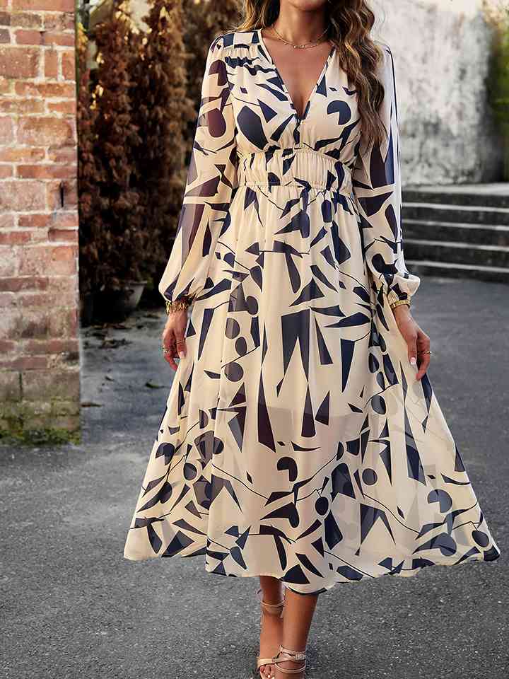 Printed V-Neck Long Sleeve Midi Dress -BazaarBey - www.shopbazaarbey.com