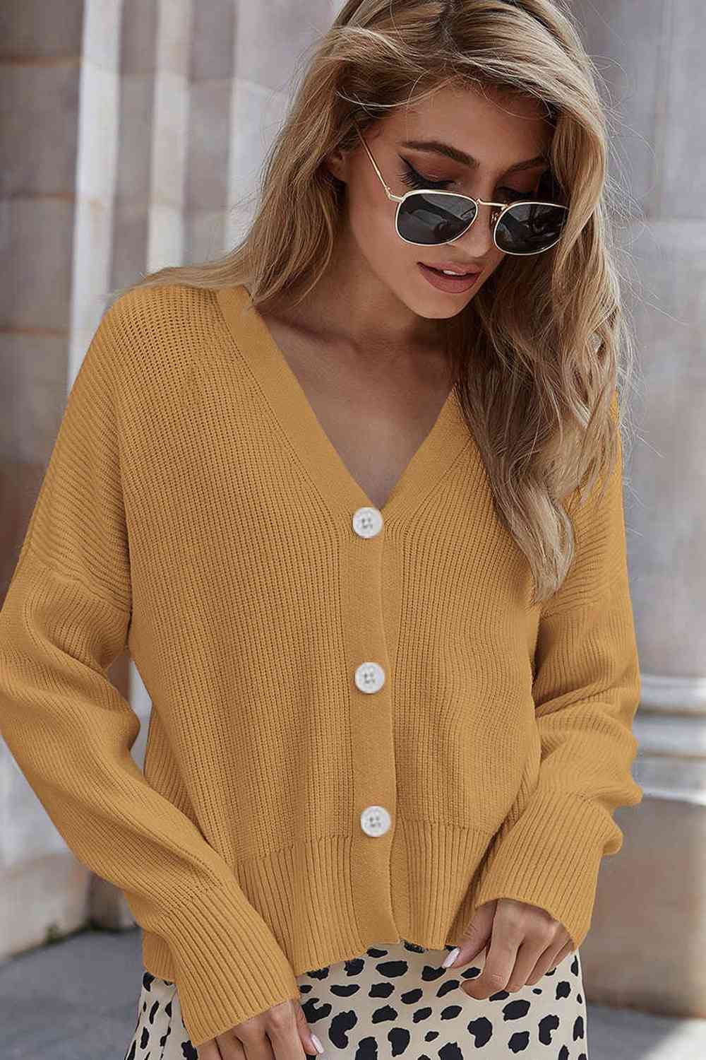 V-Neck Dropped Shoulder Cardigan Trendsi