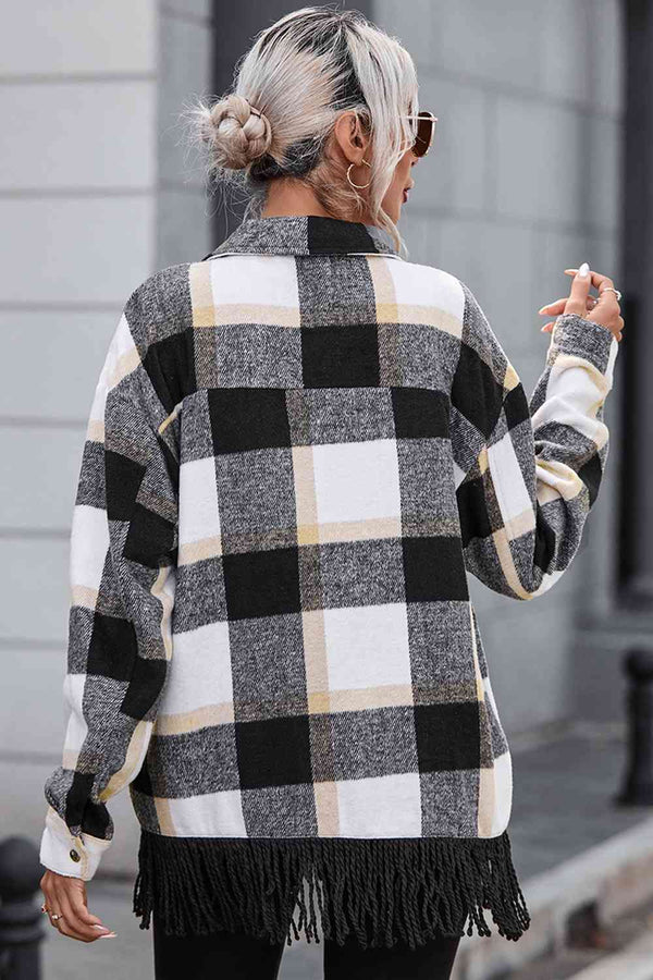 Plaid Collared Neck Snap Front Jacket Trendsi