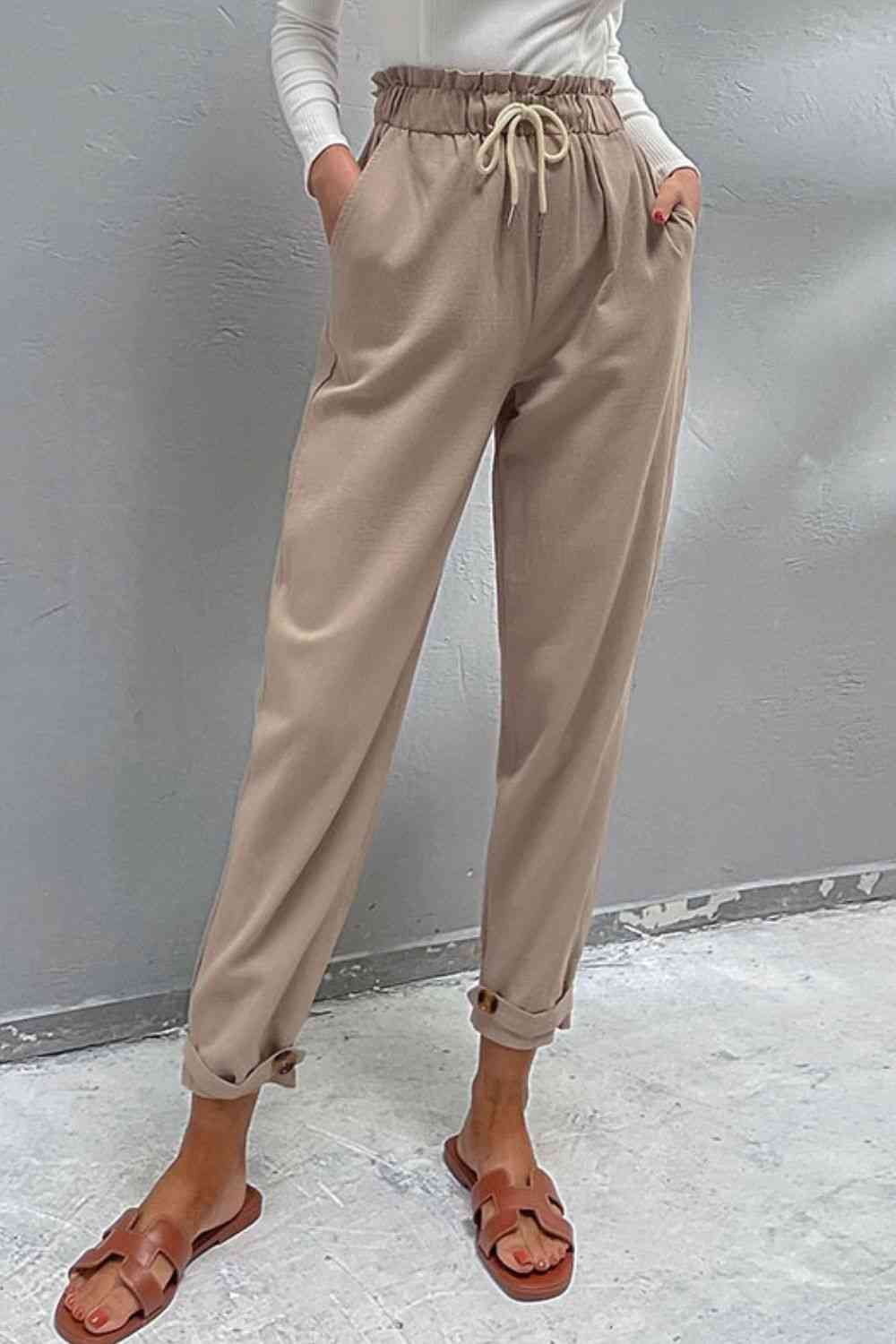 Drawstring  Waist Button Detail Pants Bazaarbey