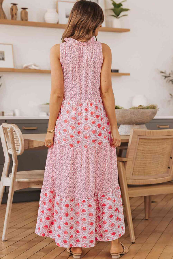 Mixed Print Tie-Neck Sleeveless Maxi Dress Bazaarbey