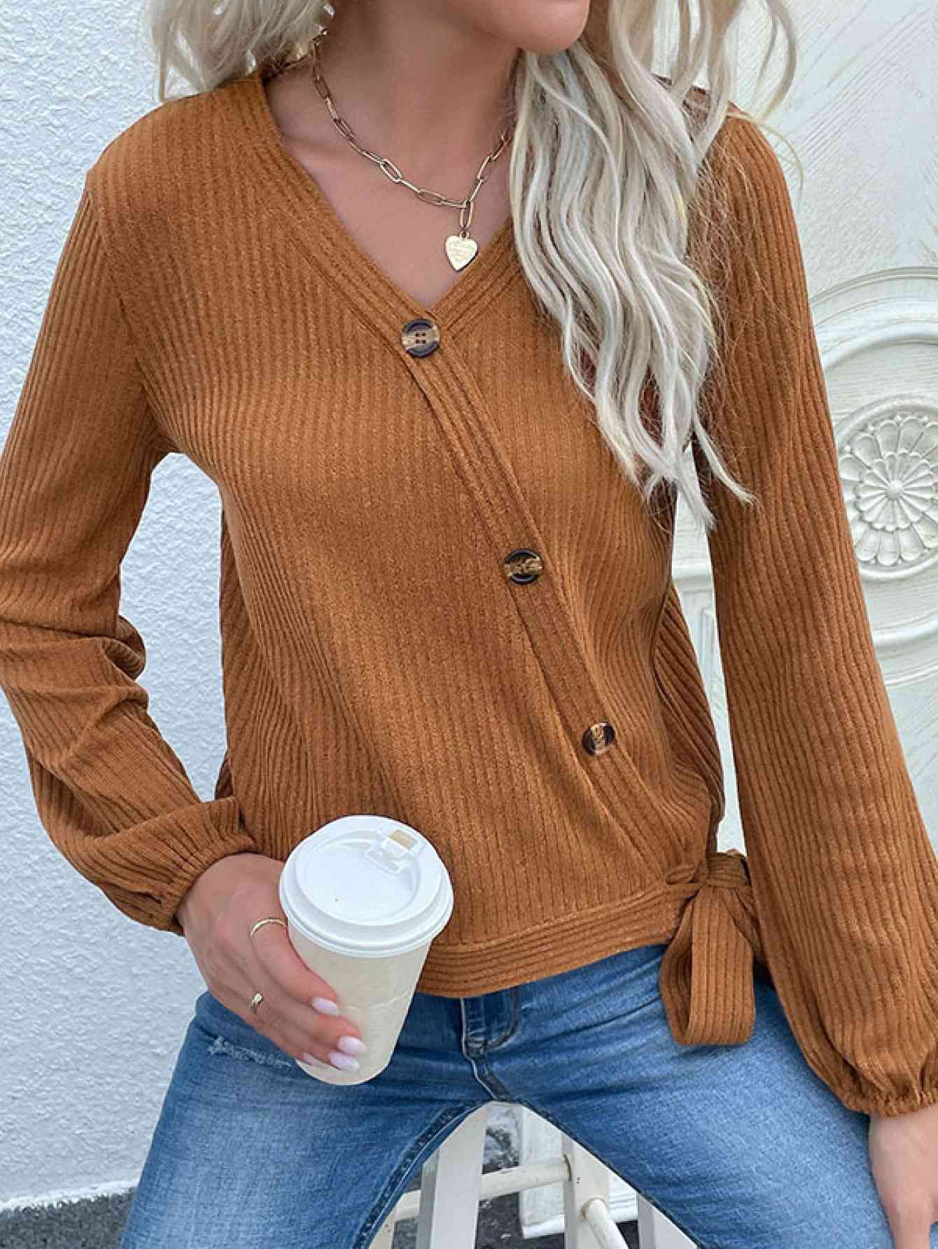 Rib-Knit Asymmetrical Button Blouse Trendsi