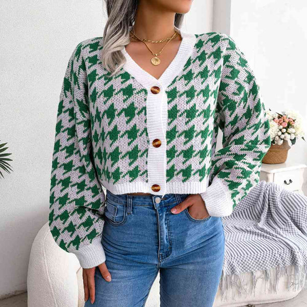  V-Neck Dropped Shoulder Cropped Cardigan Trendsi