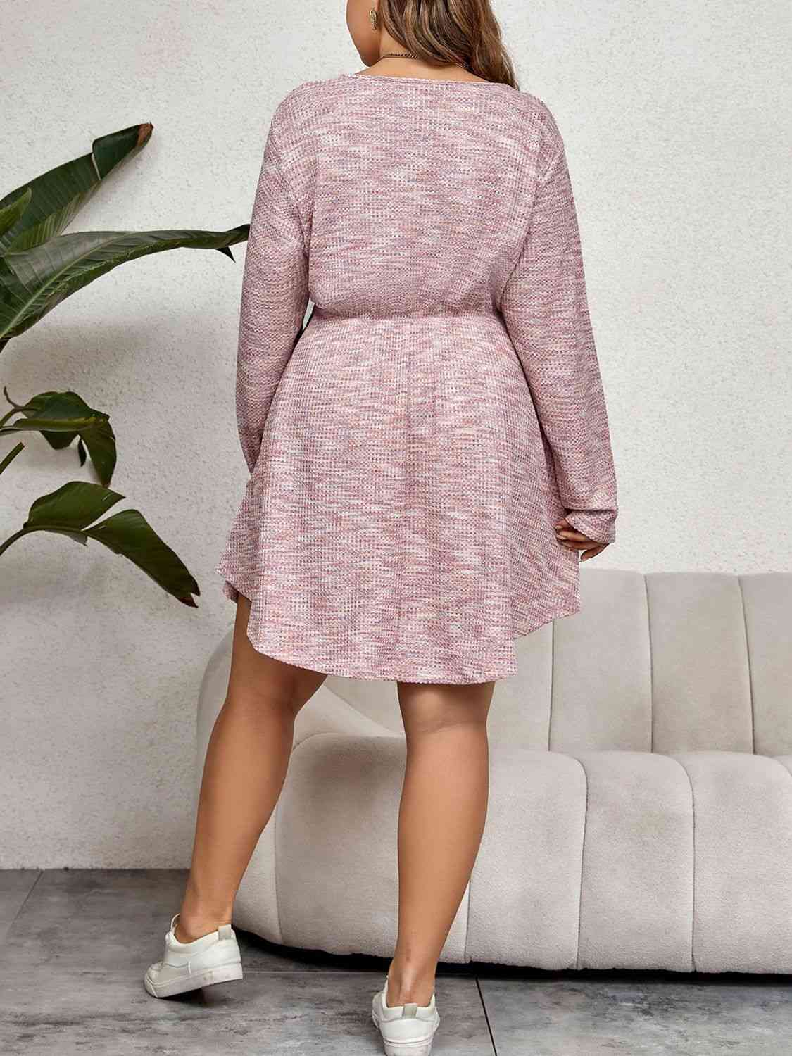 Plus Size V-Neck Tie Waist Long Sleeve Dress -BazaarBey - www.shopbazaarbey.com