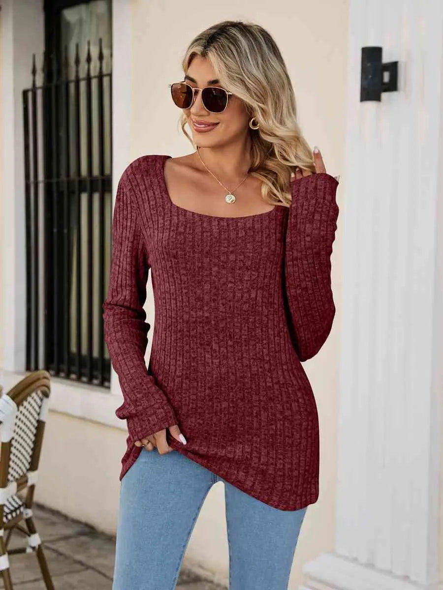 Square Neck Ribbed Long Sleeve T-Shirt Trendsi