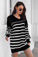 Striped V-Neck Drop Shulder Sweater Dress Bazaarbey