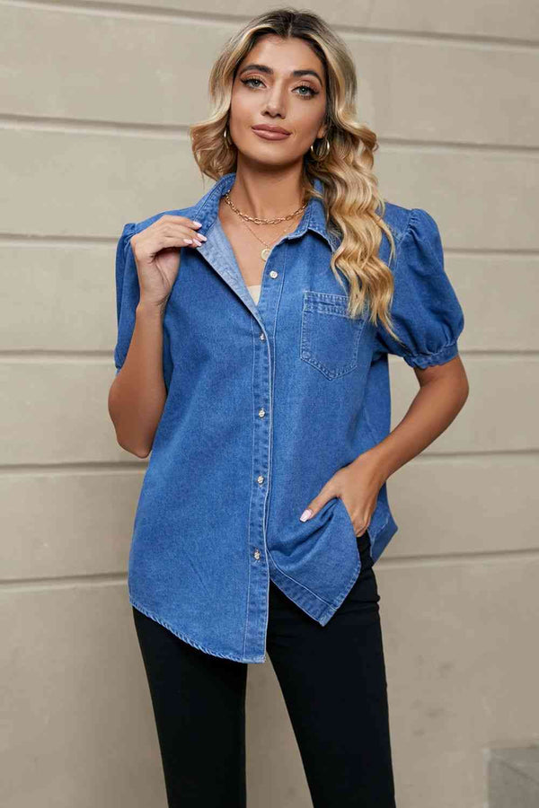 Puff Sleeve Collared Denim Top Bazaarbey