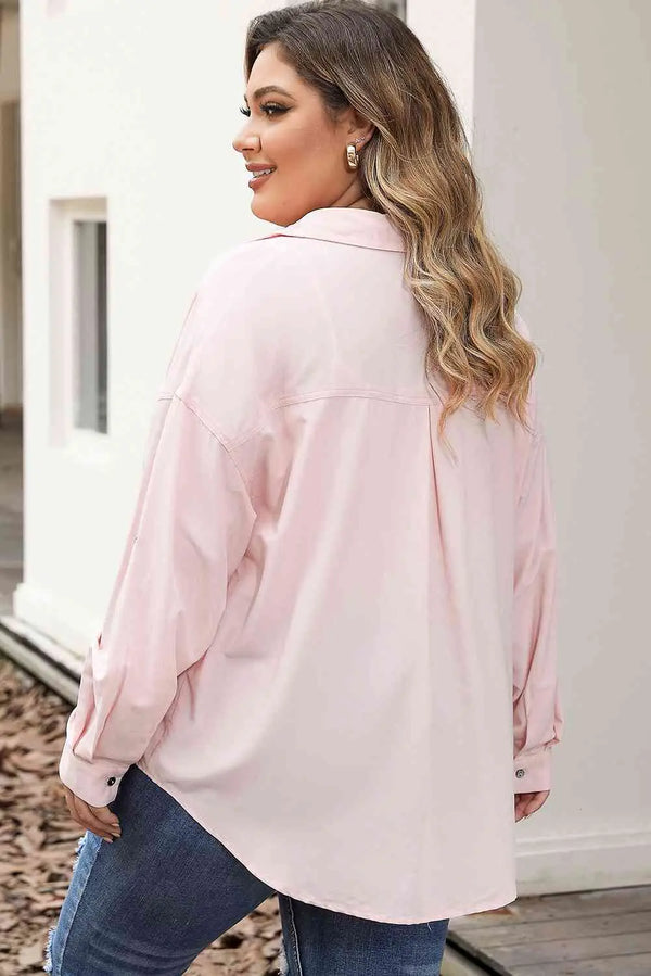 Plus Size Collared Neck Button Front Long Sleeve Shirt Bazaarbey