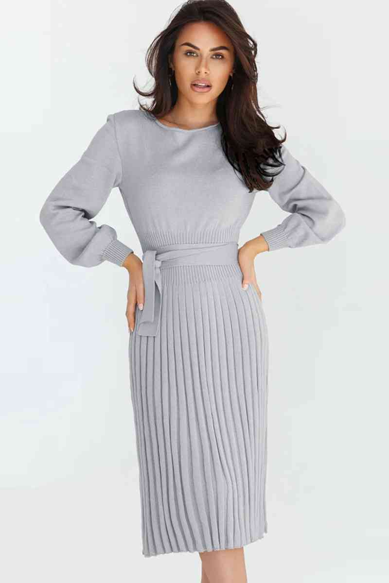 Round Neck Long Sleeve Pleated Sweater Dress Bazaarbey