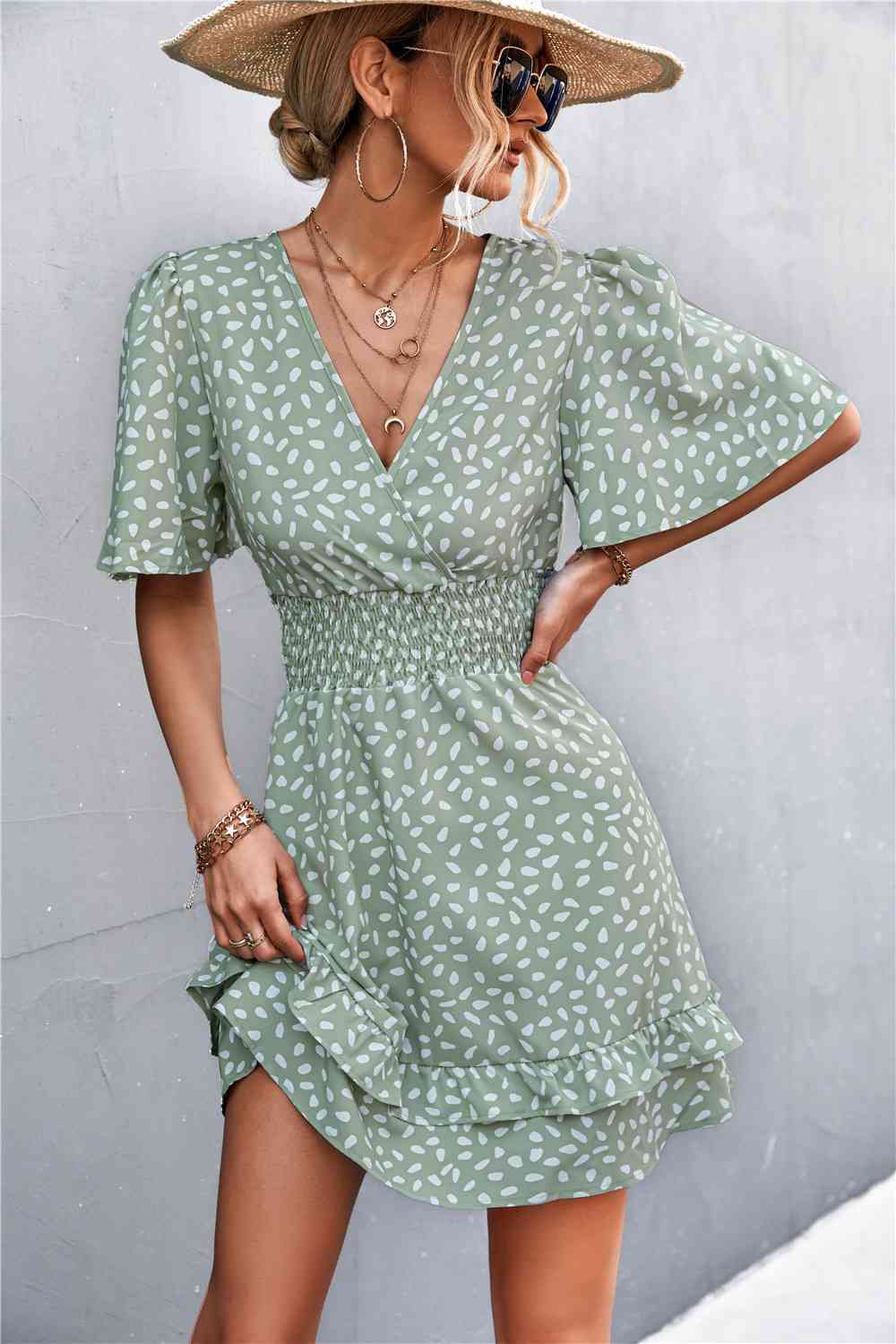 Printed Smocked Waist Layered  Dress -BazaarBey - www.shopbazaarbey.com