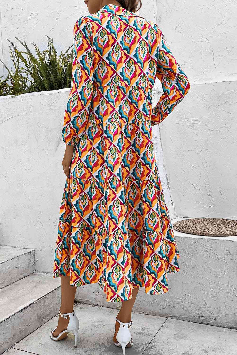 Printed Collared Neck Long Sleeve Dress -BazaarBey - www.shopbazaarbey.com