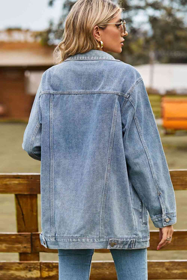 Buttoned Collared Neck Denim Jacket with Pockets Bazaarbey