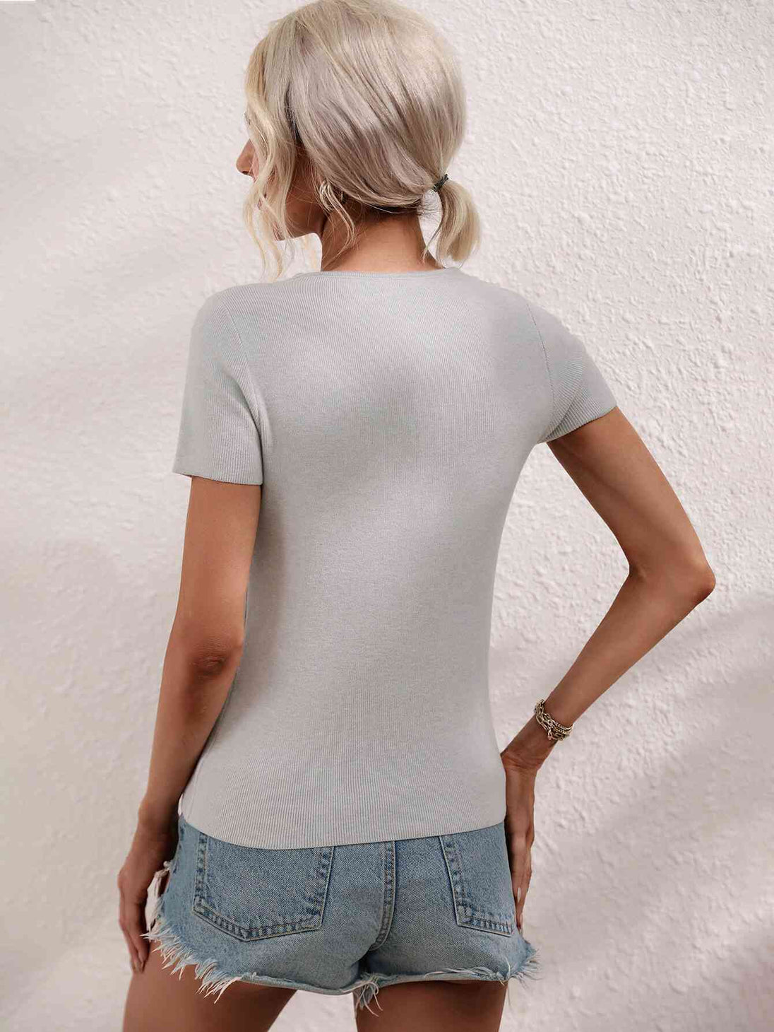 Cutout Round Neck Short Sleeve Knit Top Trendsi