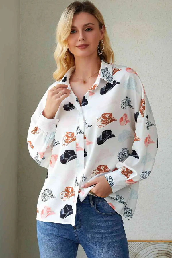 Hat Print Collared Neck Long Sleeve Shirt Bazaarbey