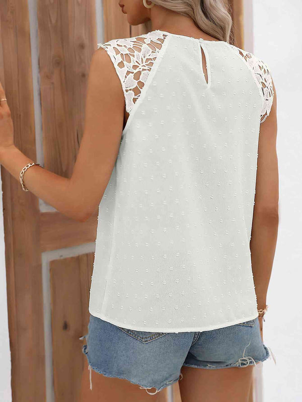 Cutout Round Neck Spliced Lace Tank Bazaarbey