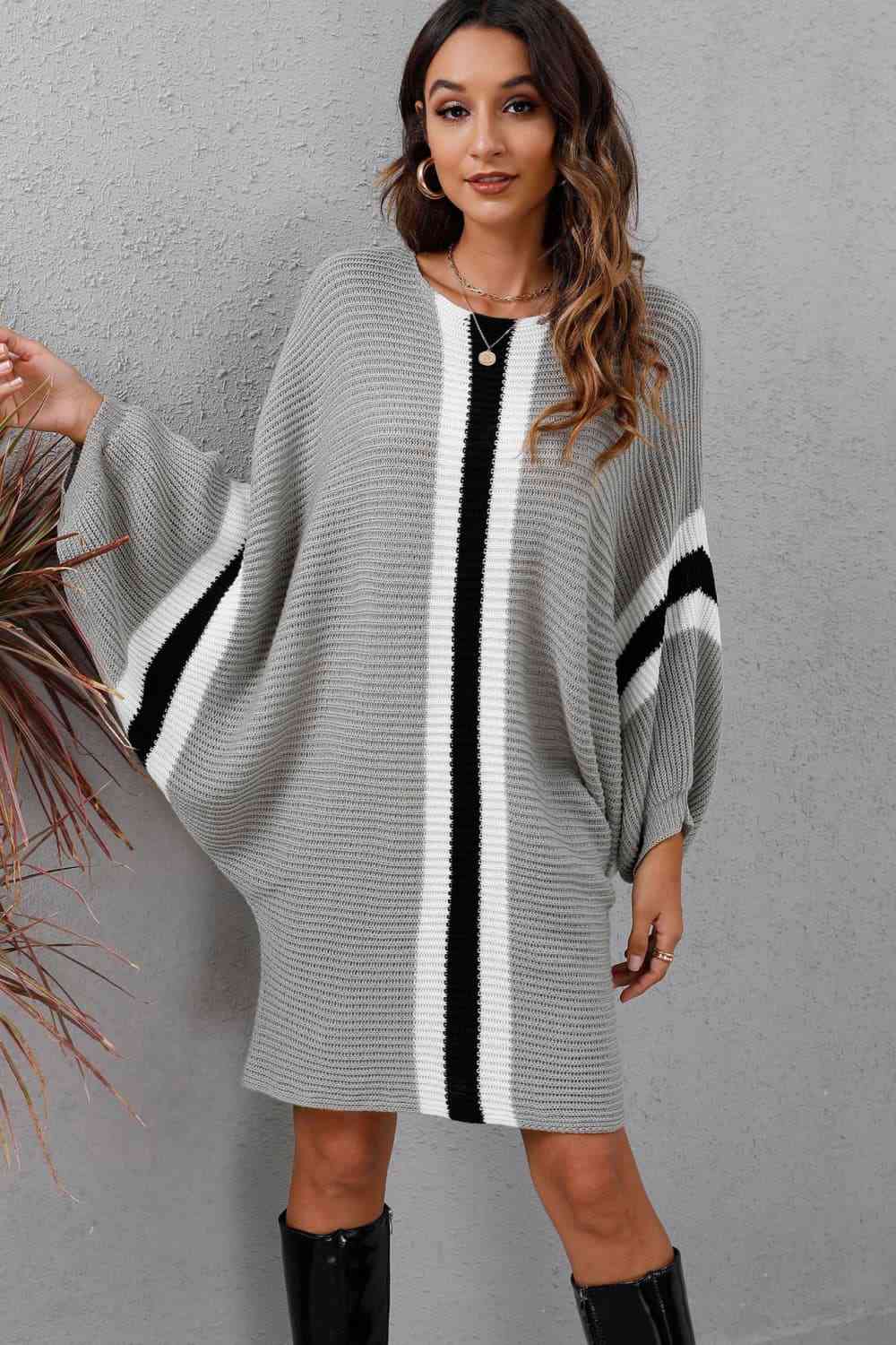 Ribbed Round Neck Long Sleeve Sweater Dress Bazaarbey